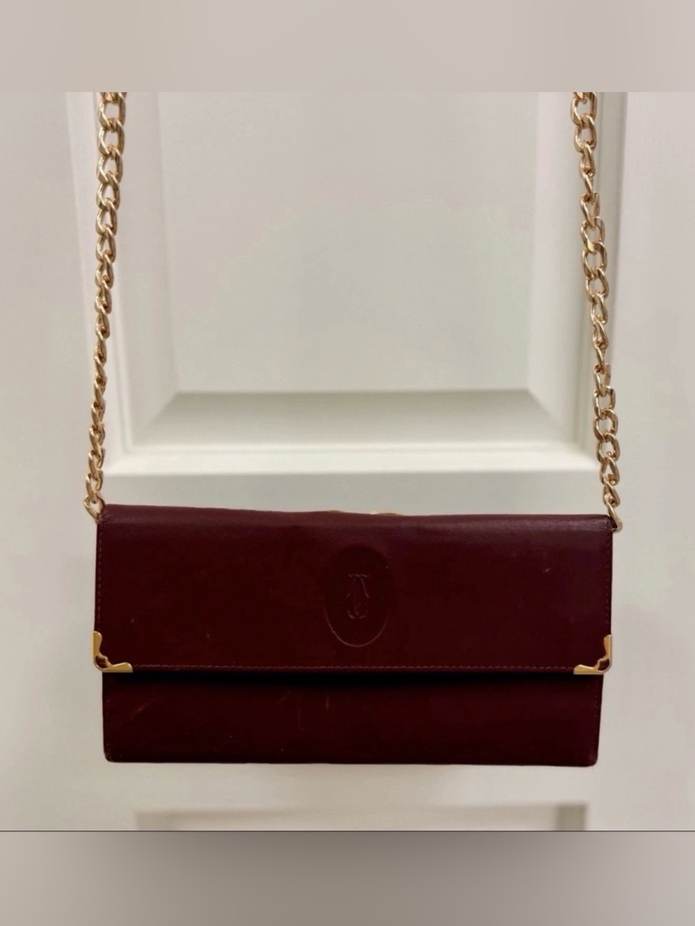 CARTIER Vintage Signature Iconic Burgundy Leather Kiss-Lock Wallet W/ Crossbody